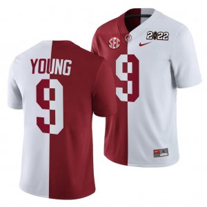 Men's Alabama Crimson Tide #9 Bryce Young 2022 National Championship Crimson NCAA Split Edition Uniform White College Football Jersey 2403JSPN3